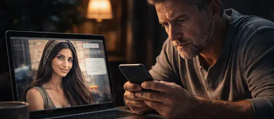 Worried middle-aged man sitting at a desk at night, looking at his smartphone while an online chat with an attractive woman is visible on his laptop, with money and documents on the table suggesting a romance scam.”